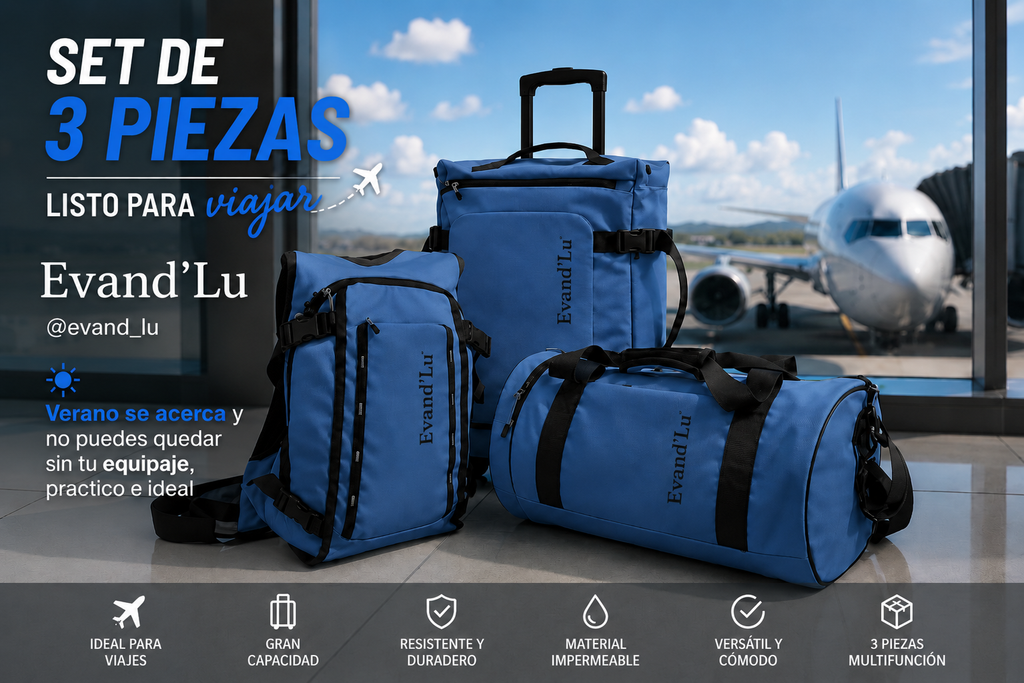 Set de Viaje 3 Piezas Evand’Lu – Mochila, Bolso y Maleta con Ruedas | Impermeable y Multifunción