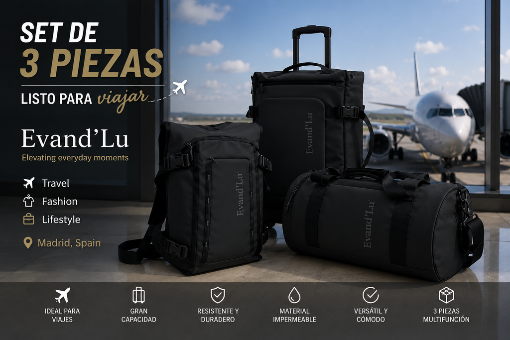 Set de Viaje 3 Piezas Evand’Lu – Mochila, Bolso y Maleta con Ruedas | Impermeable y Multifunción