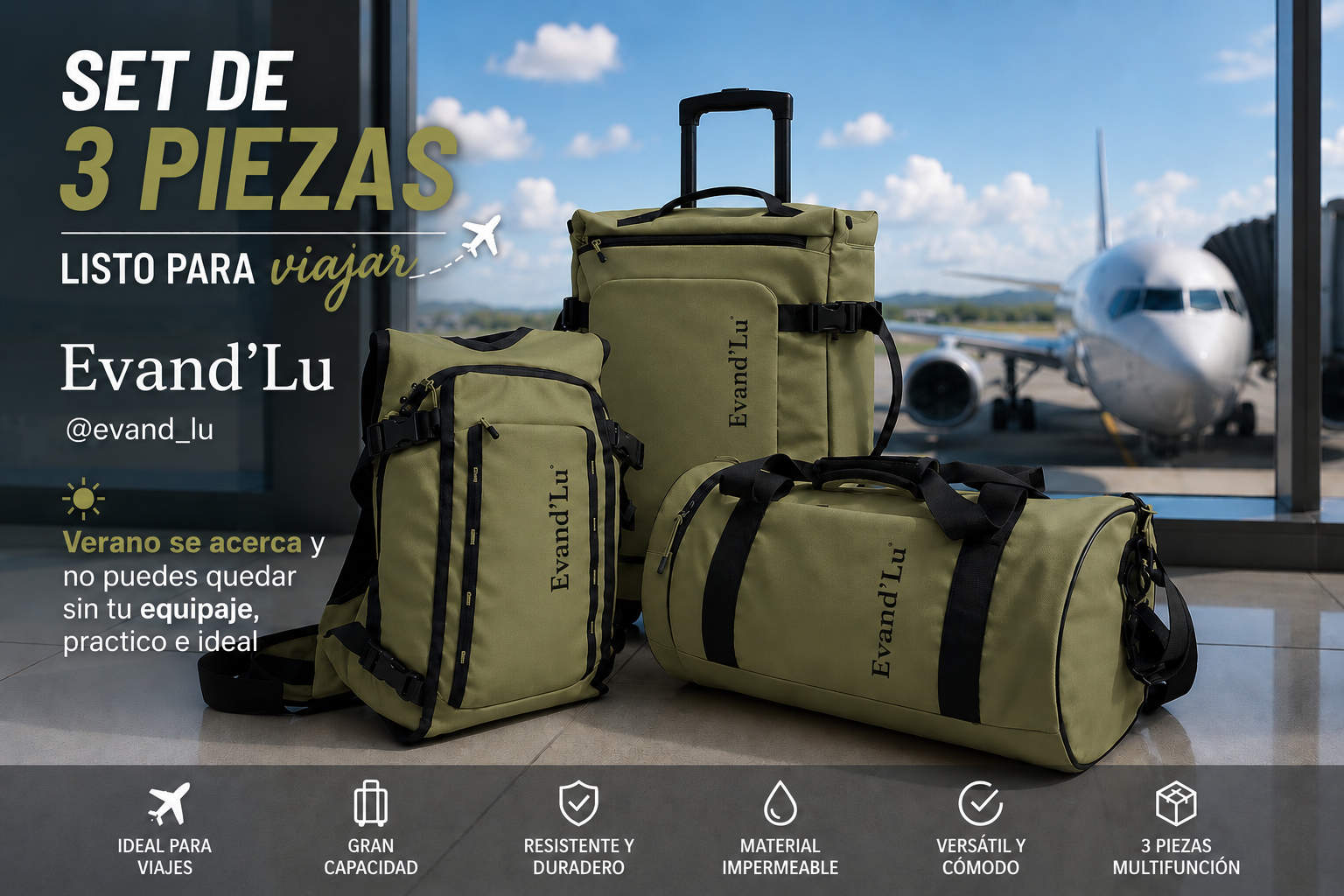 Set de Viaje 3 Piezas Evand’Lu – Mochila, Bolso y Maleta con Ruedas | Impermeable y Multifunción