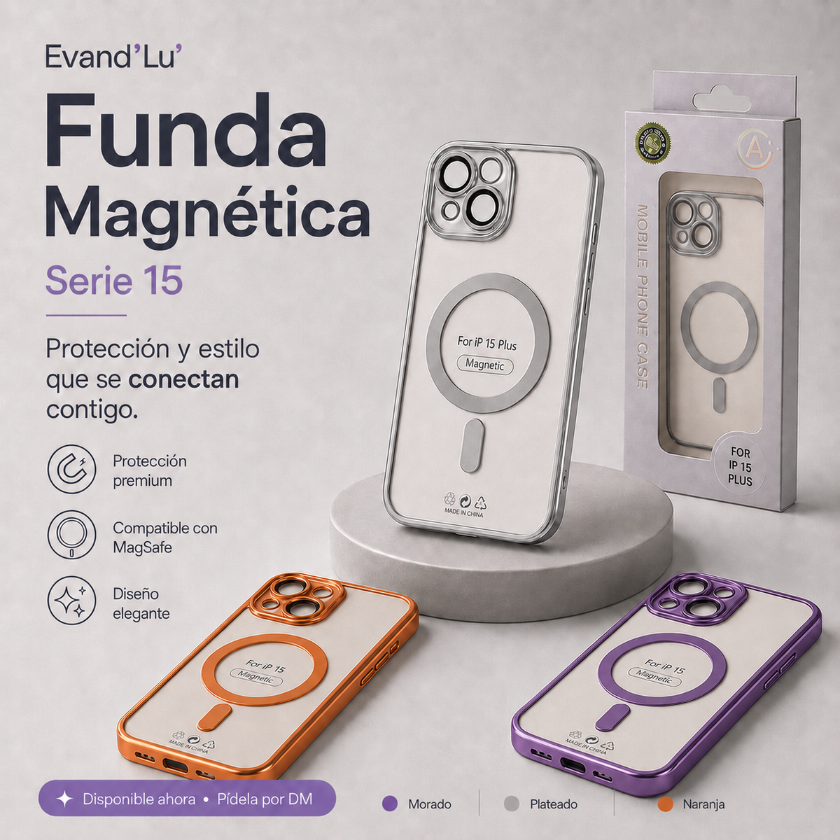 Funda Magnética Serie 15 – Plateado, Morado, Naranja