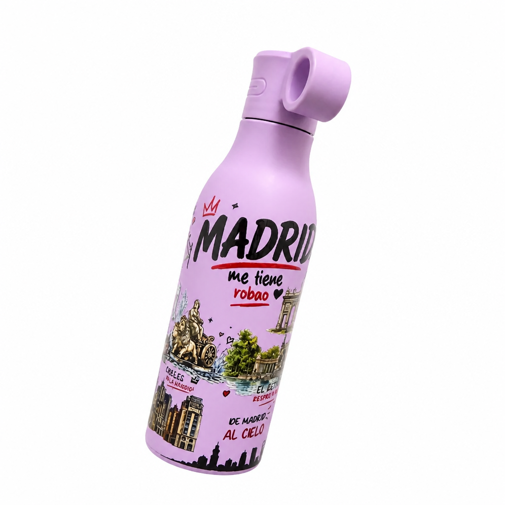 Botella térmica Madrid lila detalle ilustraciones