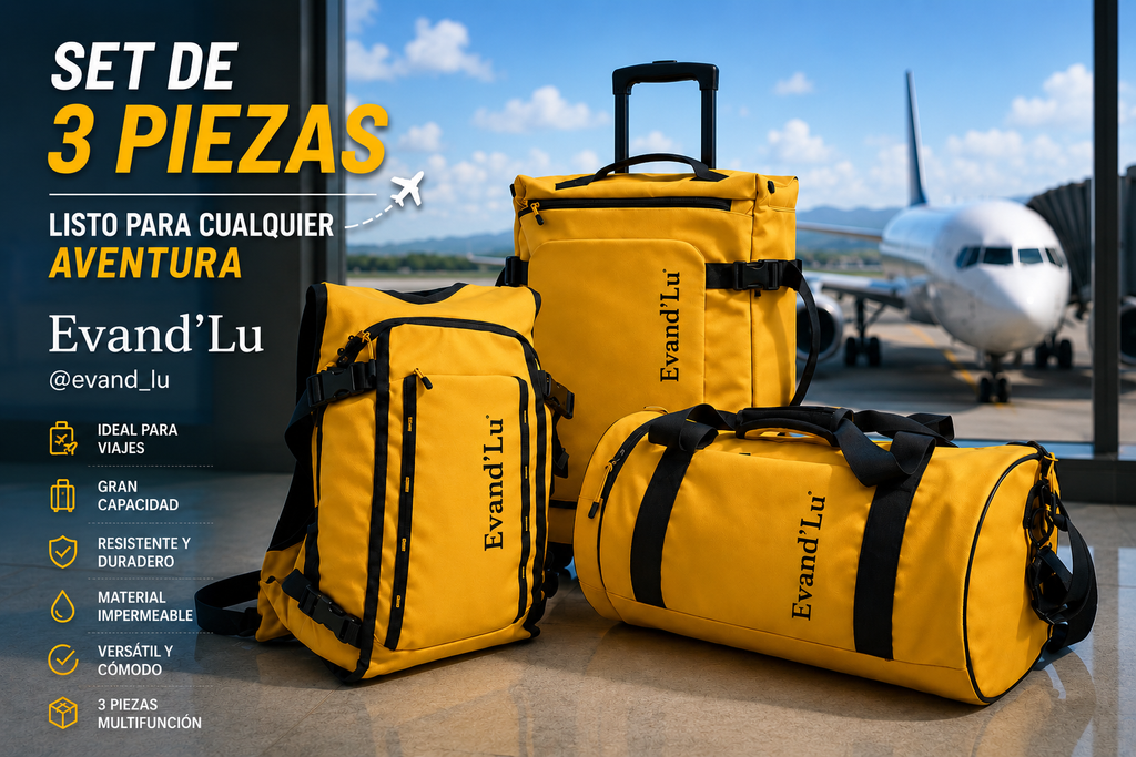 Set de Viaje 3 Piezas Evand’Lu – Mochila, Bolso y Maleta con Ruedas | Impermeable y Multifunción